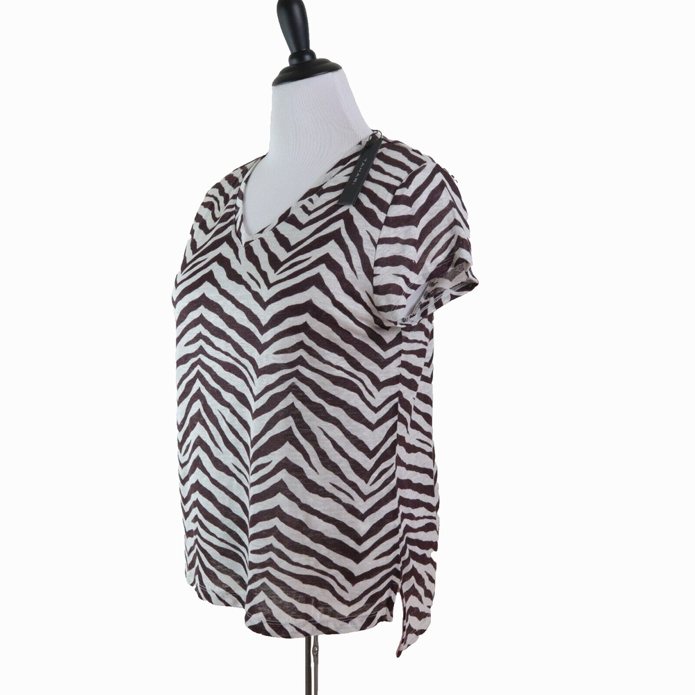 NWT Tahari Size L Linen Shirt V Neck Brown White Zebra Print